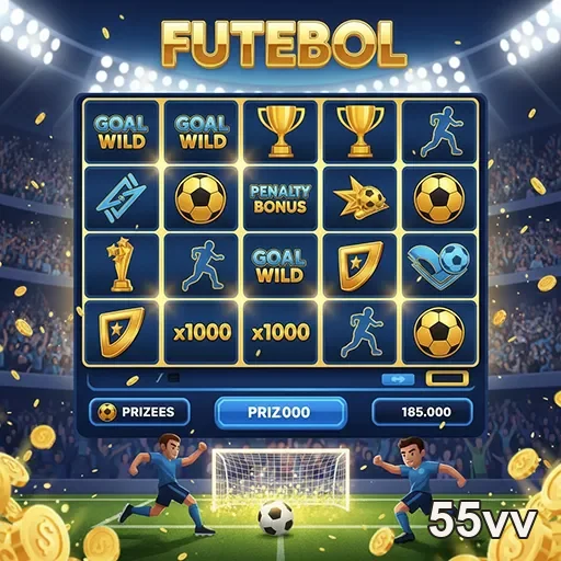Imagem do jogo de slot de futebol do site 55vv, apresentando símbolos relacionados ao esporte.